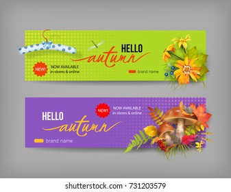 Vector fall banner for web or print. Header with autumn composition. Advertising banner of New Collection