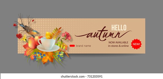 Vector fall banner for web or print. Header with autumn composition. Advertising banner of New Collection