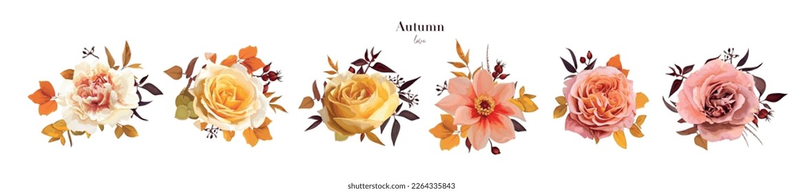 El ramo de caída de vectores. Flores de otoño. Amarillo, naranja, rosa rosa rosado, clavel, dalia, ramas de eucalipto ilustración editable de flores. Invitación a la boda, elementos de diseño de estilo acuarela de acción de gracias