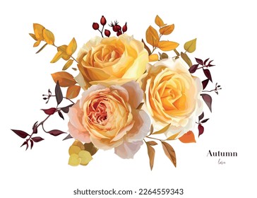 Vector, ramo de otoño con flores de melocotón amarillo. Ramas de eucalipto de siembra naranja, hojas de borgoña. Ilustración de estilo acuarela modificable con flores. Invitación a la boda, decoración de tarjetas de felicitación de agradecimiento