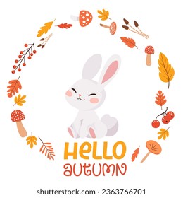 Vector fall children's illustration, fall frame. Cute white bunny, frame of fall elements, caption hello autumn. 