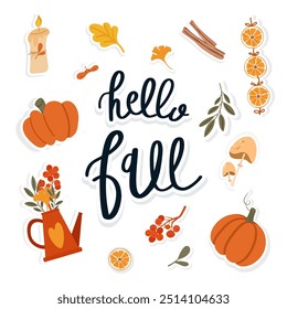 Aufkleber auf weißem Hintergrund für den Vektorfall. Netter Schriftzug hallo fallen, Topf mit Blumen, Kerze, Kürbis, Herbst Blätter, Zimtstangen, getrocknete Orange und Pilz.