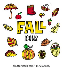 Vector fall doodle icons. Set of objects and symbols on the autumn theme