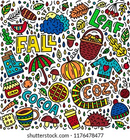 Vector fall doodle illustration. Concept illustration with objects and symbols on the autumn theme