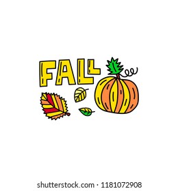Vector fall doodle illustration with pumpkin and leaves