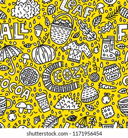 Vector fall doodle illustration. Seamless pattern with objects and symbols on the autumn theme