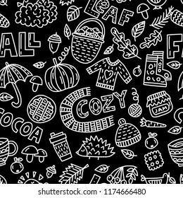 Vector fall doodle illustration. Seamless pattern with objects and symbols on the autumn theme