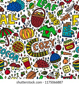 Vector fall doodle illustration. Seamless pattern with objects and symbols on the autumn theme