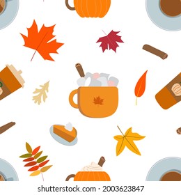 Vector fall flat pumpkin spice latte season seamless pattern. Coffee latte cup, cocoa mug with marshmallow, orange pumpkin mug, piece of pie, autumn leaves. Isolated on white background.