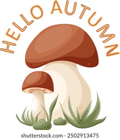 Vector fall forest mushrooms with grass composition, fungi illustration, graphic fungus clipart