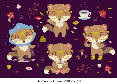vector fall fox cartoon set 