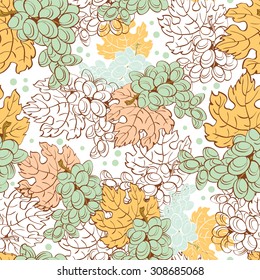 Vector Fall Grapes Harvest Seamless Pattern. Wine pastel leaf. Ripe fruit.