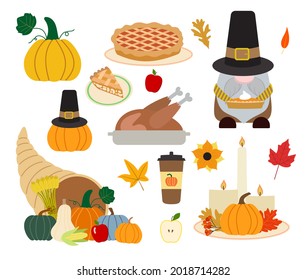 Vector fall harvest festival, Thanksgiving day set of illustrations in flat style with gnome pilgrim, turkey, cornucopia, candles, pies, pumpkins, apples and leaves. Isolated on white background.