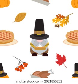 Vector fall harvest festival, Thanksgiving day seamless pattern in cartoon style with pilgrim gnome, roasted turkey, pumpkin pie, pumpkin in a hat, dry leaves. Isolated on white background.