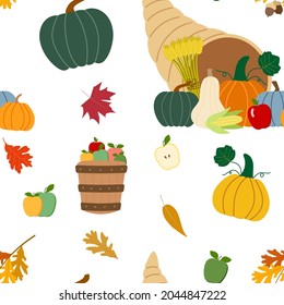 Vector Fall Harvest, Thanksgiving Day Seamless Pattern In Cartoon Style With Cornucopia, Apple Bushel Basket, Pumpkins, Oak Branch, Apples, Dry Leaves. Isolated On White Background.