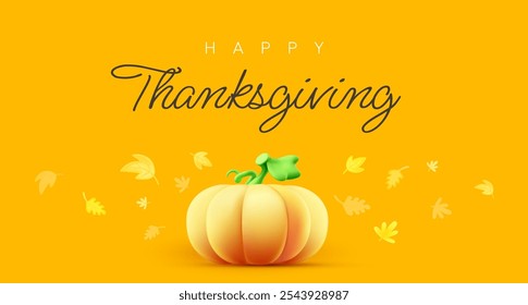 Vector fall holiday illustration of pumpkin and flying leaves on orange color background with happy thanksgiving day text. 3d style cartoon design of thanksgiving day pumpkin and autumn leaf pattern