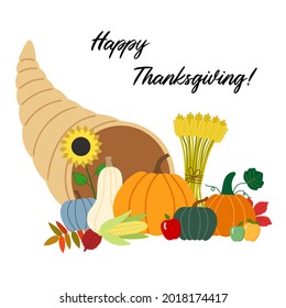 Vector fall illustration of Thanksgiving cornucopia with autumn pumpkins, ripe apples, corn, sunflower, a sheaf of wheat, fallen leaves. Isolated on white background. Holiday greeting card, invitation
