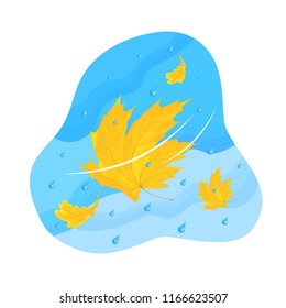 Vector fall illustration of a yellowed oak and maple leaves in the wind with rain. Isolated on the white background.