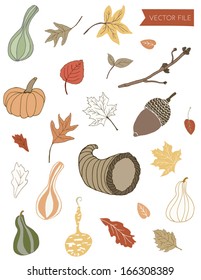 Vector Fall Leaves Clip Art Collection with Hand Drawn Acorns, Gourds, Pumpkins, and Foliage