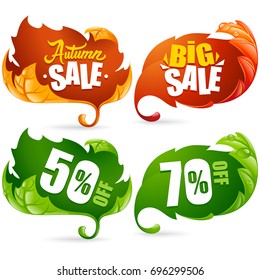 Vector fall leaves frame set. Lettering of Autumn Big Sale Text. Red, yellow and green leaf isolated on white background. Use by Discount Sticker, Icons or Banners