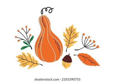 Vector fall print with hand drawn botanical elements.  Autumn illustration with squash, oak leaf, berries, acorn. Cute elements for cards, textile, design.