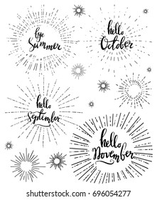 Vector fall sale poster - black and white hand writing with sunburst. Set of autumn lettering, hello September, October, November. Vector illustration