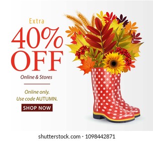 Vector fall sale poster illustration with colorful leafs for web. Illustration of fashion red dotted rubber boots, bouquet of autumn leaves.