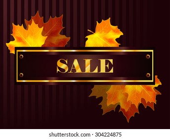 Vector fall sale poster  illustration with colorful leafs and gold text
