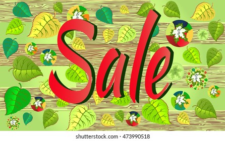 Vector fall sale poster. illustration with colorful leaves on the wooden background.
