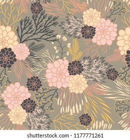 Vector fall seamless pattern on white. Abstract background with floral elements. Natural design. Autumn mood.