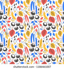 Vector fall seamless pattern on white. Abstract background with floral elements. Natural design. Autumn mood.