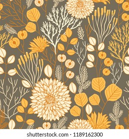 Vector fall seamless pattern on white. Abstract background with floral elements. Natural design. Autumn mood.