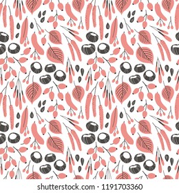 Vector fall seamless pattern on white. Abstract background with floral elements. Natural design. Autumn mood.