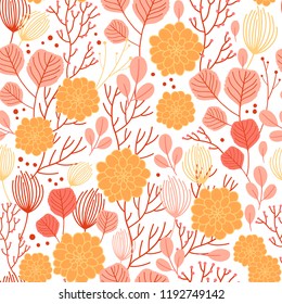 Vector fall seamless pattern on white. Abstract background with floral elements. Natural design. Autumn mood.