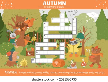 Vector fall season crossword puzzle for kids. Simple quiz with autumn forest objects for children. Educational activity with cute funny woodland animals
