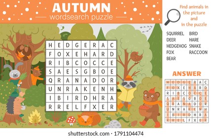 Vector fall season wordsearch puzzle for kids. Simple crossword with autumn scene and hiding forest animals for children. Educational keyword activity with cute funny woodland animals
