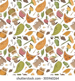 Vector Fall Sketch Pattern | Autumn essentials creative doodle seamless texture with leaves, owl, fox, cup, apple, mushroom, acorn