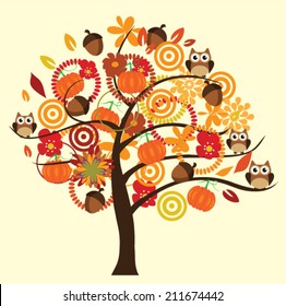 vector fall tree with acorns, flowers, owls, pumpkins