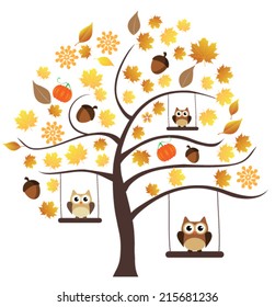 vector fall tree with acorns, fall leaves, pumpkins, owl swinging