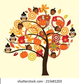 vector fall tree with owls, flowers