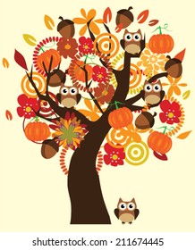 vector fall tree with owls, pumpkins, flowers, acorns