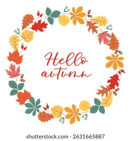 Vektorfallkranz mit Blättern, Eicheln, Rosenhüften und Text Hallo Herbst