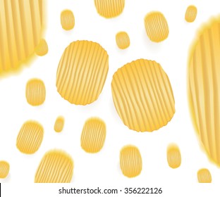 Vector falling chips pattern isolated. Snack texture ornament design. Fries crisp fall. Bunch of riffle fried chips motion. Unhealthy food illustration. Ready for chips pack, bag, package background