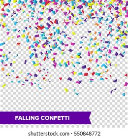 Vector Falling Confetti Horizontal Pattern Isolated On Transparent Background. Decoration Colored Confetti For Celebration Event, Color Confetti On Checkered Backdrop Illustration