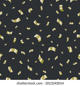 Vector falling golden confetti on black background. Vector seamless pattern.  Confetti background for birthday, wedding, anniversary, graduation, advertising or else. Paper cuts party decorations. 