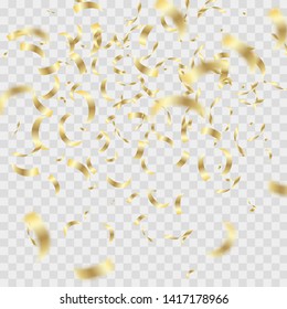 Vector falling golden confetti, realistic serpentine or flying tinsel for new year, birthday, festival party or any celebration and event design, holiday invitation. On transparent background.
