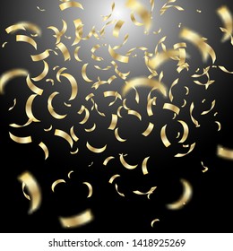 Vector falling golden confetti, realistic serpentine or flying tinsel for new year, birthday, festival party or any celebration and event design, holiday invitation. On black background.