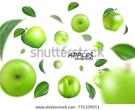 Vector falling green apples isolated on white background. The fruit as a whole. Realistic fallong appls, 3D