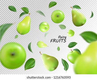 Vector falling green apples and pears isolated on transparent background. The fruit as a whole. Realistic objects, 3D