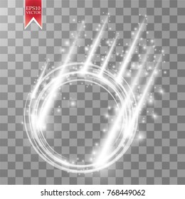 Vector falling light ring. Round shiny frame with lights dust trail particles isolated on transparent background. Magic concept
